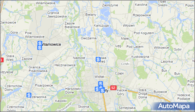 mapa Nowa Wieś gmina Kęty, Nowa Wieś gmina Kęty na mapie Targeo