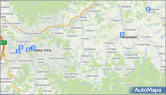 mapa Olszówka gmina Mszana Dolna, Olszówka gmina Mszana Dolna na mapie Targeo