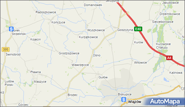 mapa Ośno gmina Wiązów, Ośno gmina Wiązów na mapie Targeo