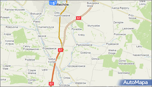 mapa Parkoszowice gmina Miechów, Parkoszowice gmina Miechów na mapie Targeo