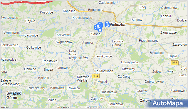 mapa Pawlikowice gmina Wieliczka, Pawlikowice gmina Wieliczka na mapie Targeo
