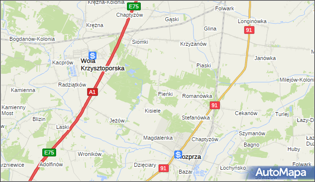 mapa Pieńki gmina Rozprza, Pieńki gmina Rozprza na mapie Targeo