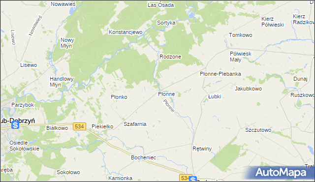 mapa Płonne gmina Radomin, Płonne gmina Radomin na mapie Targeo