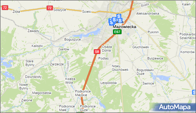 mapa Podlas gmina Rawa Mazowiecka, Podlas gmina Rawa Mazowiecka na mapie Targeo
