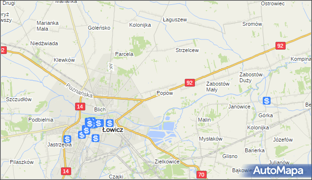 mapa Popów gmina Łowicz, Popów gmina Łowicz na mapie Targeo