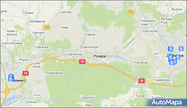 mapa Poręba powiat zawierciański, Poręba powiat zawierciański na mapie Targeo