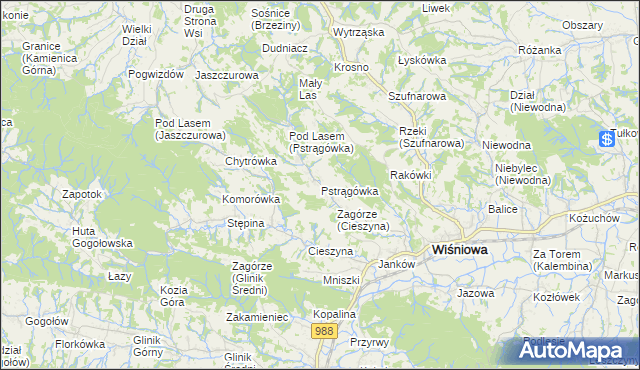 mapa Pstrągówka gmina Wiśniowa, Pstrągówka gmina Wiśniowa na mapie Targeo