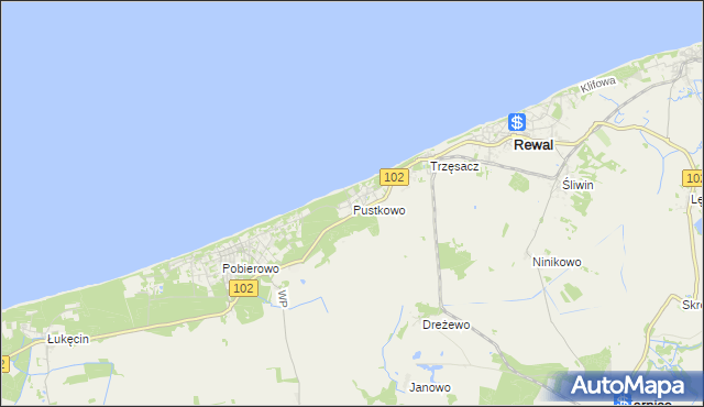 mapa Pustkowo gmina Rewal, Pustkowo gmina Rewal na mapie Targeo