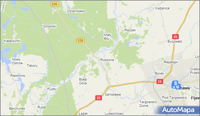 mapa Rodzone gmina Lubawa, Rodzone gmina Lubawa na mapie Targeo