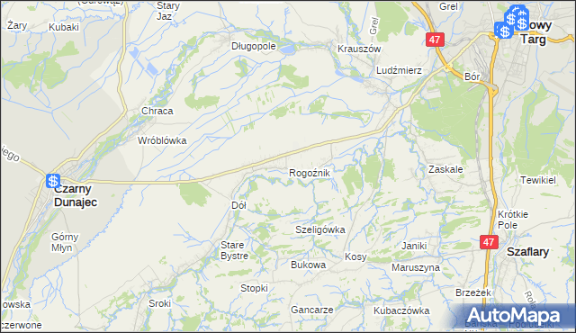 mapa Rogoźnik gmina Nowy Targ, Rogoźnik gmina Nowy Targ na mapie Targeo
