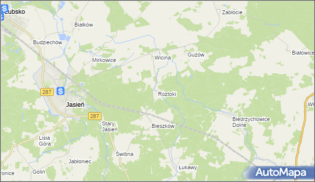 mapa Roztoki gmina Jasień, Roztoki gmina Jasień na mapie Targeo