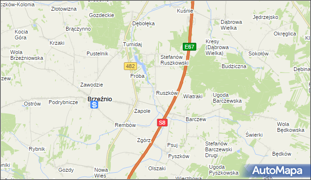 mapa Ruszków gmina Brzeźnio, Ruszków gmina Brzeźnio na mapie Targeo