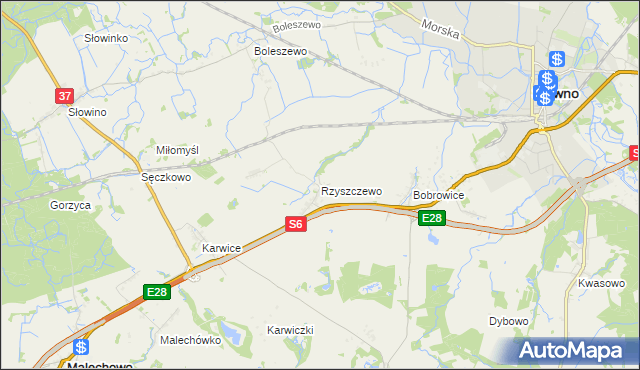 mapa Rzyszczewo gmina Sławno, Rzyszczewo gmina Sławno na mapie Targeo