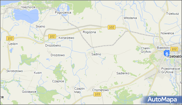 mapa Sadlno gmina Trzebiatów, Sadlno gmina Trzebiatów na mapie Targeo