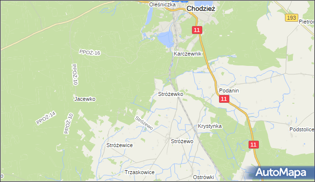 mapa Stróżewko gmina Chodzież, Stróżewko gmina Chodzież na mapie Targeo