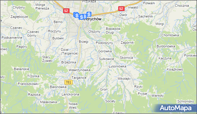 mapa Sułkowice gmina Andrychów, Sułkowice gmina Andrychów na mapie Targeo