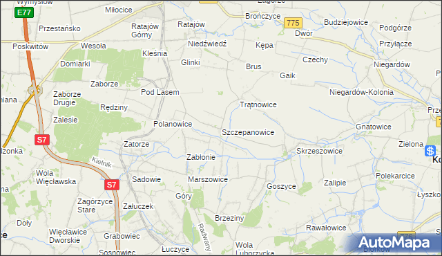 mapa Szczepanowice gmina Słomniki, Szczepanowice gmina Słomniki na mapie Targeo