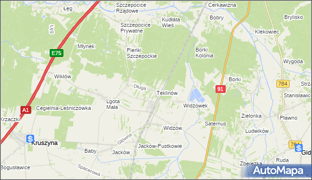 mapa Teklinów gmina Kruszyna, Teklinów gmina Kruszyna na mapie Targeo