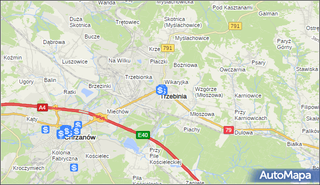 mapa Trzebinia powiat chrzanowski, Trzebinia powiat chrzanowski na mapie Targeo