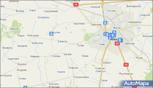mapa Turów gmina Wieluń, Turów gmina Wieluń na mapie Targeo