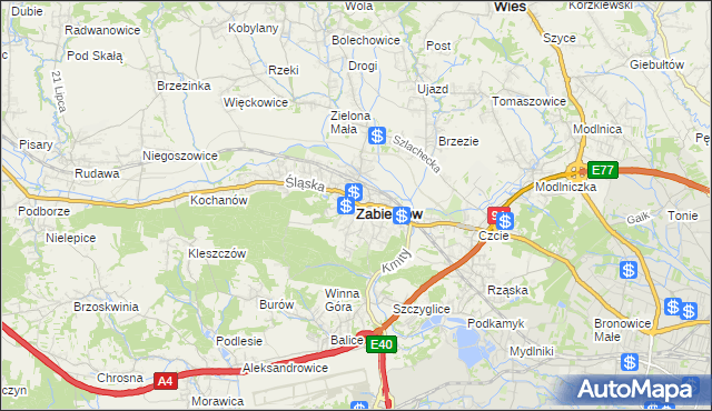 mapa Zabierzów powiat krakowski, Zabierzów powiat krakowski na mapie Targeo