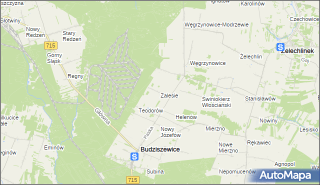 mapa Zalesie gmina Budziszewice, Zalesie gmina Budziszewice na mapie Targeo