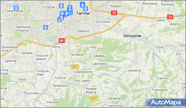 mapa Zawada gmina Tarnów, Zawada gmina Tarnów na mapie Targeo