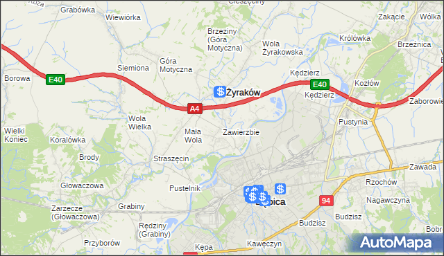 mapa Zawierzbie gmina Żyraków, Zawierzbie gmina Żyraków na mapie Targeo