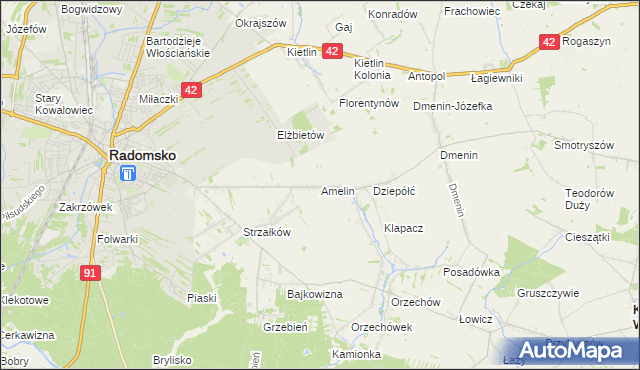 mapa Amelin gmina Radomsko, Amelin gmina Radomsko na mapie Targeo