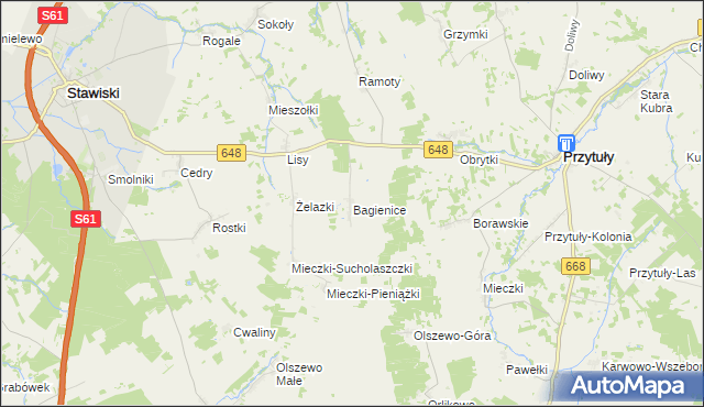 mapa Bagienice gmina Przytuły, Bagienice gmina Przytuły na mapie Targeo