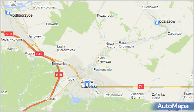 mapa Biała Pierwsza gmina Janów Lubelski, Biała Pierwsza gmina Janów Lubelski na mapie Targeo