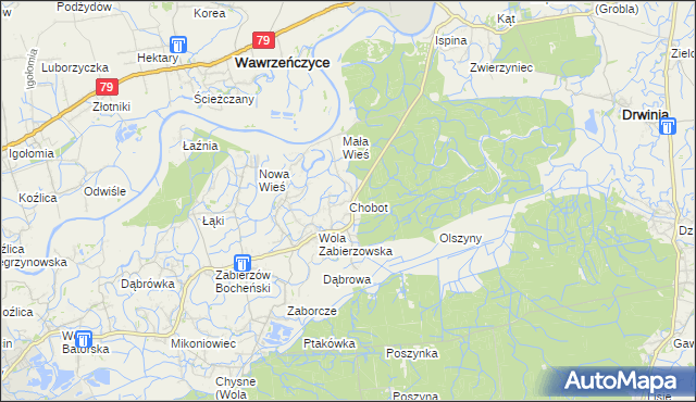 mapa Chobot gmina Niepołomice, Chobot gmina Niepołomice na mapie Targeo