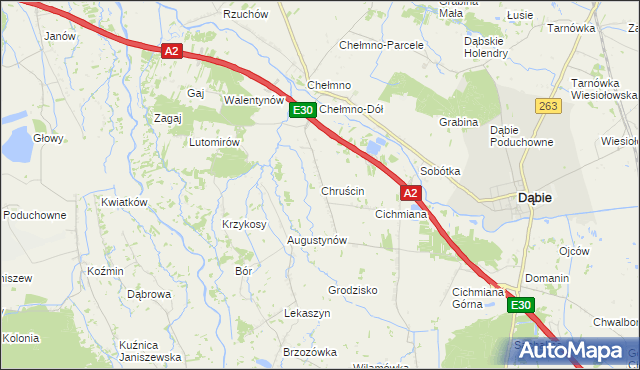 mapa Chruścin gmina Dąbie, Chruścin gmina Dąbie na mapie Targeo