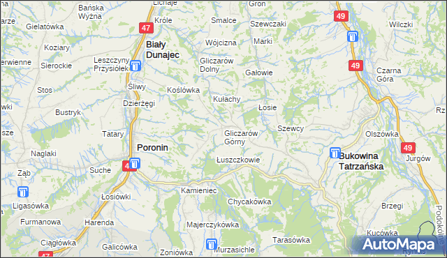 mapa Gliczarów Górny, Gliczarów Górny na mapie Targeo