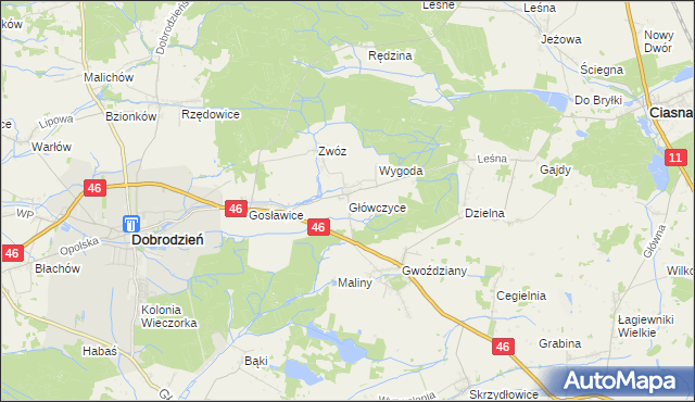 mapa Główczyce gmina Dobrodzień, Główczyce gmina Dobrodzień na mapie Targeo
