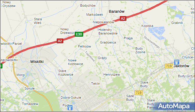 mapa Grądy gmina Jaktorów, Grądy gmina Jaktorów na mapie Targeo