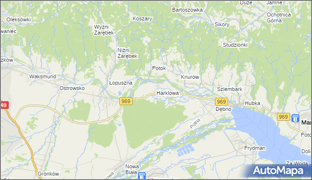 mapa Harklowa gmina Nowy Targ, Harklowa gmina Nowy Targ na mapie Targeo