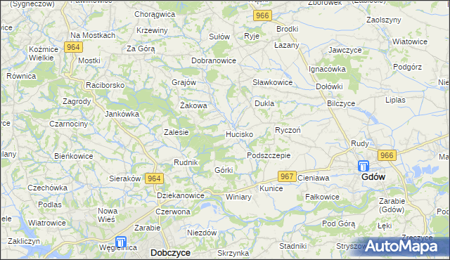 mapa Hucisko gmina Gdów, Hucisko gmina Gdów na mapie Targeo