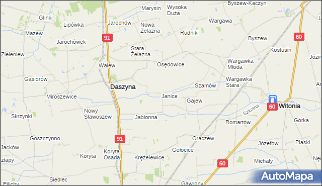 mapa Janice gmina Daszyna, Janice gmina Daszyna na mapie Targeo