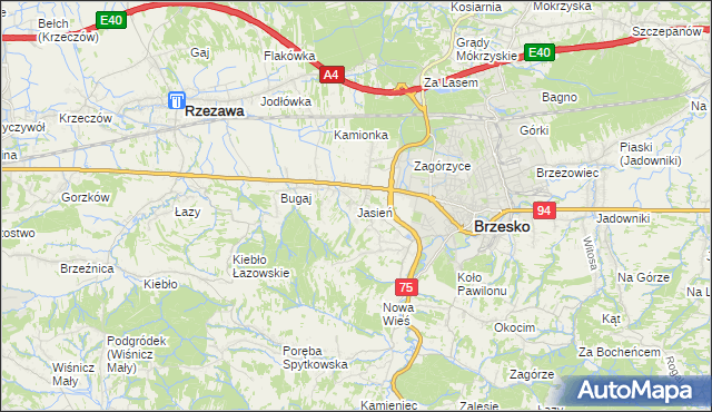 mapa Jasień gmina Brzesko, Jasień gmina Brzesko na mapie Targeo