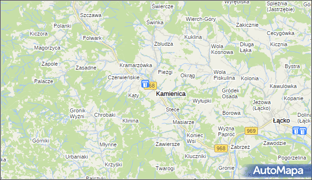 mapa Kamienica powiat limanowski, Kamienica powiat limanowski na mapie Targeo