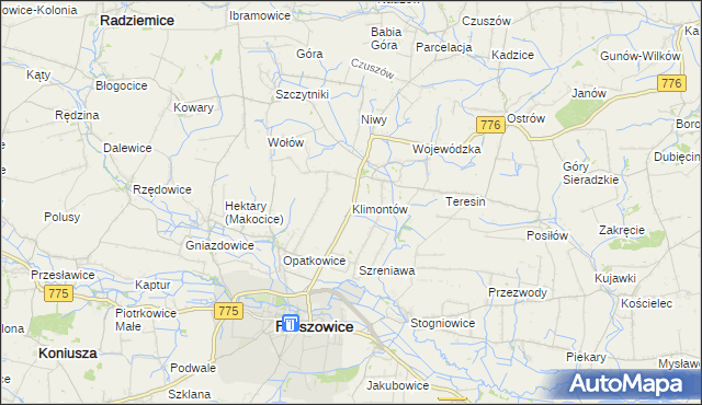 mapa Klimontów gmina Proszowice, Klimontów gmina Proszowice na mapie Targeo