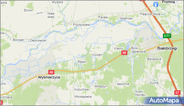 mapa Korzeń gmina Wyśmierzyce, Korzeń gmina Wyśmierzyce na mapie Targeo