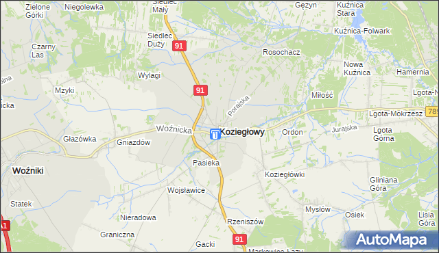 mapa Koziegłowy powiat myszkowski, Koziegłowy powiat myszkowski na mapie Targeo