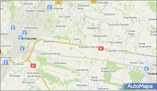 mapa Kożuszki-Parcel, Kożuszki-Parcel na mapie Targeo
