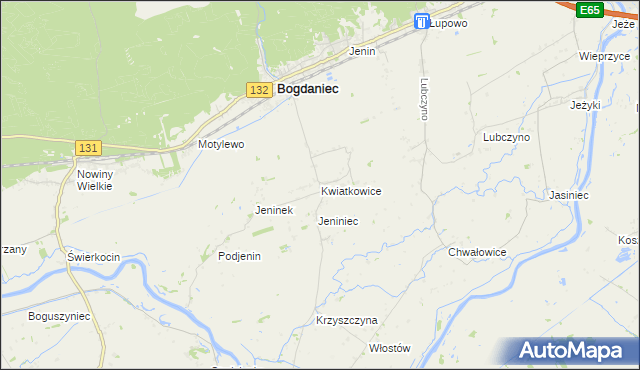 mapa Kwiatkowice gmina Bogdaniec, Kwiatkowice gmina Bogdaniec na mapie Targeo