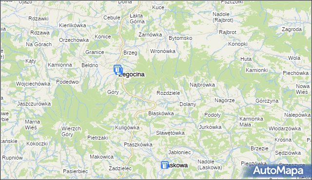 mapa Rozdziele gmina Żegocina, Rozdziele gmina Żegocina na mapie Targeo