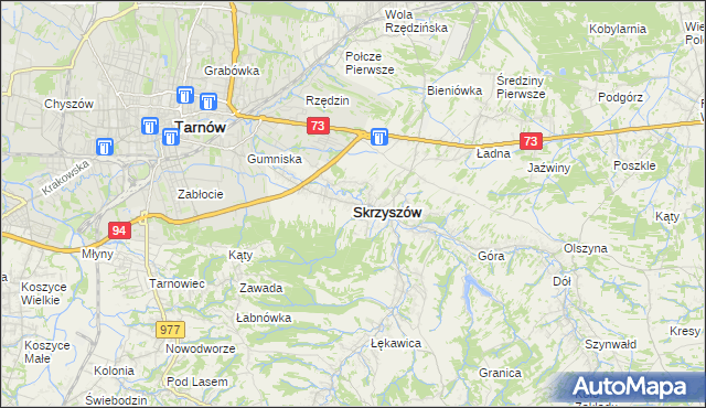 mapa Skrzyszów powiat tarnowski, Skrzyszów powiat tarnowski na mapie Targeo