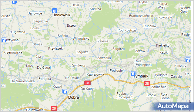 mapa Zawadka gmina Tymbark, Zawadka gmina Tymbark na mapie Targeo