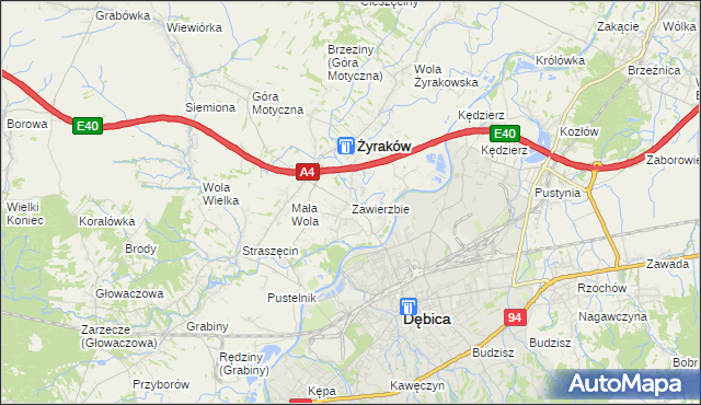 mapa Zawierzbie gmina Żyraków, Zawierzbie gmina Żyraków na mapie Targeo